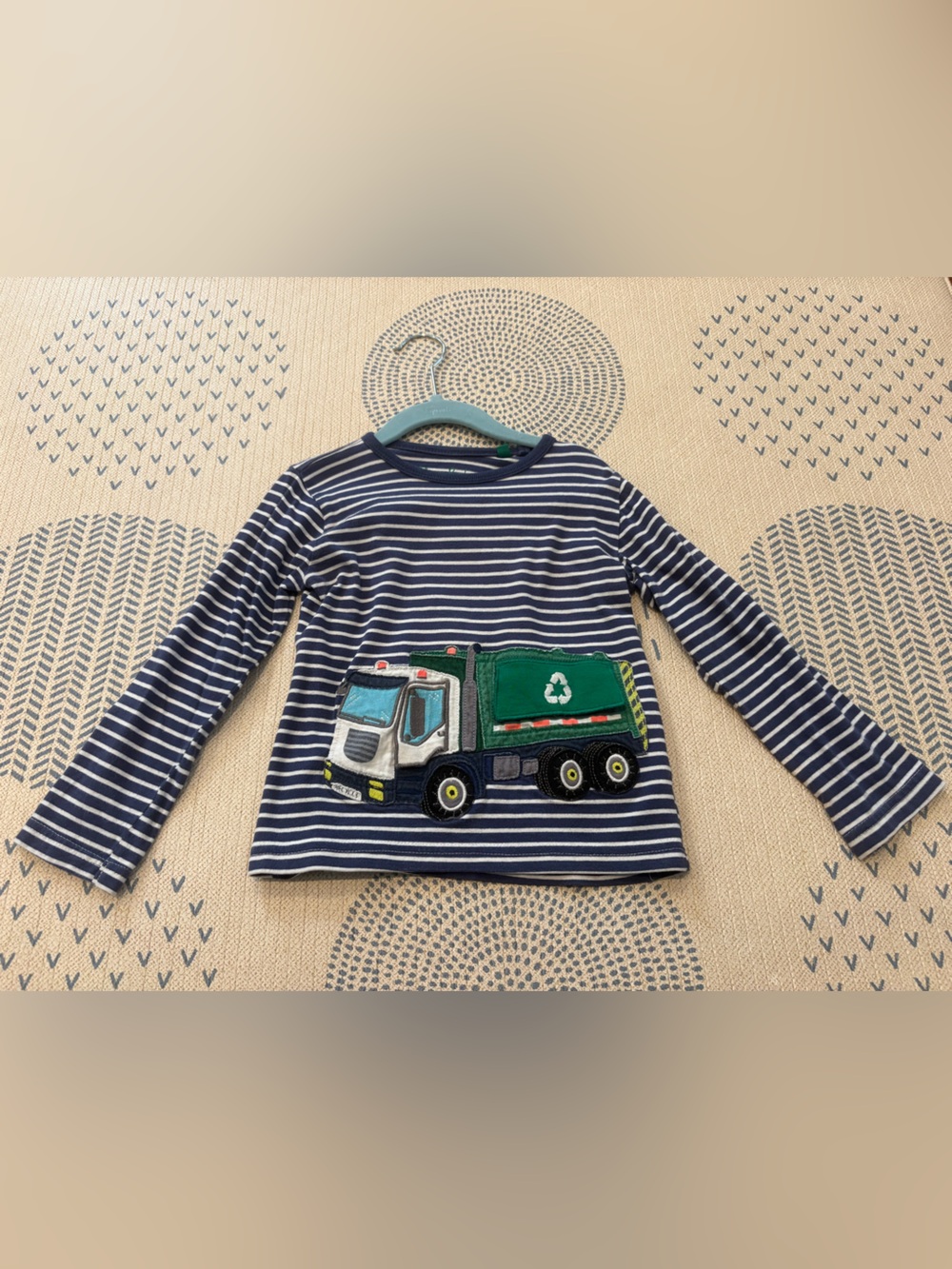 Mini Boden Striped Long-Sleeve Tee recycling Truck lift the flap Applique 3-4